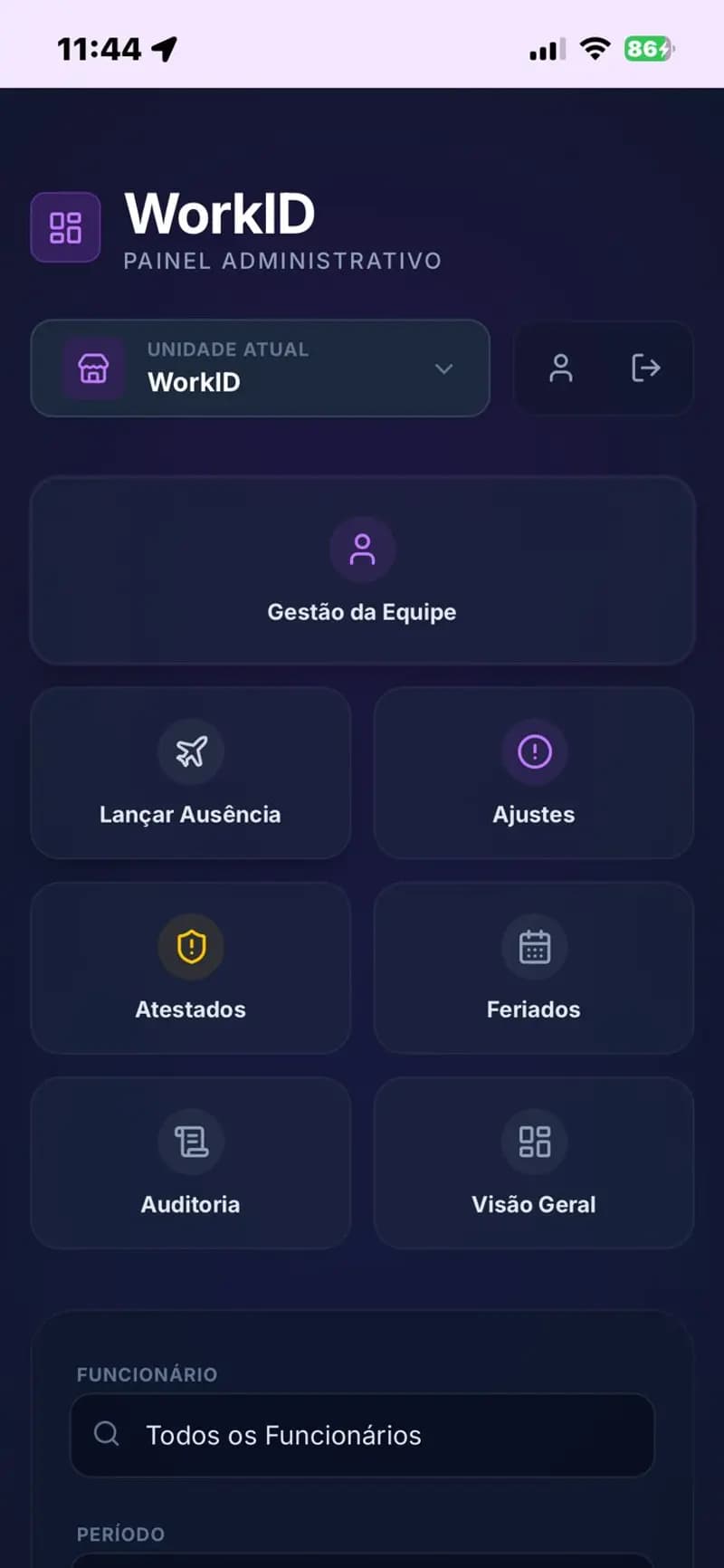 Painel administrativo do sistema de ponto WorkID